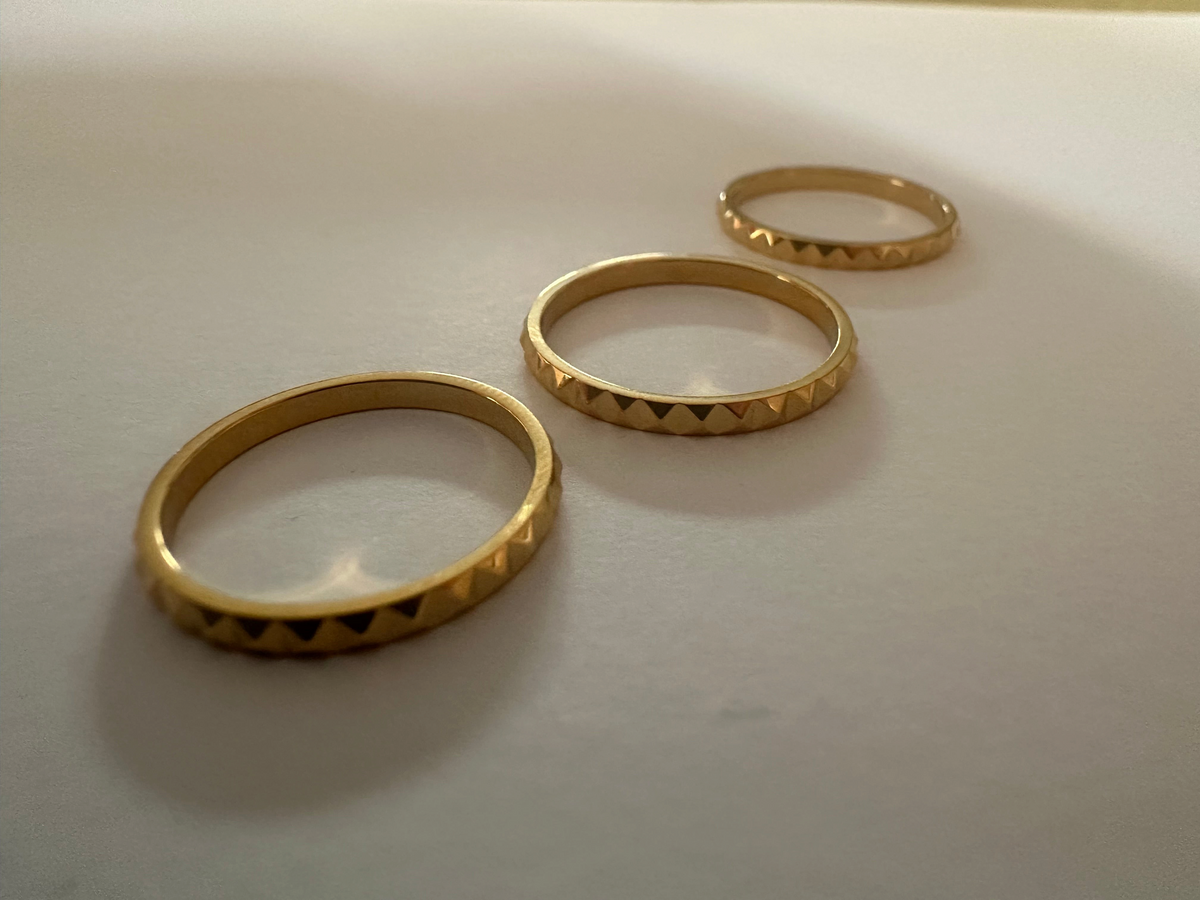 Alokaluca Radiant Edge Ring set featuring three gold-tone stainless steel bands with a faceted pointed design.