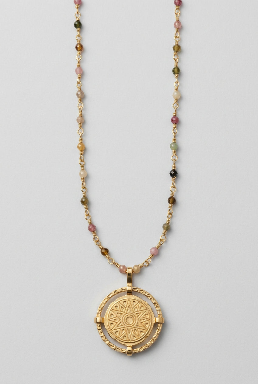 Sunkeeper necklace on a tourmaline beaded chain